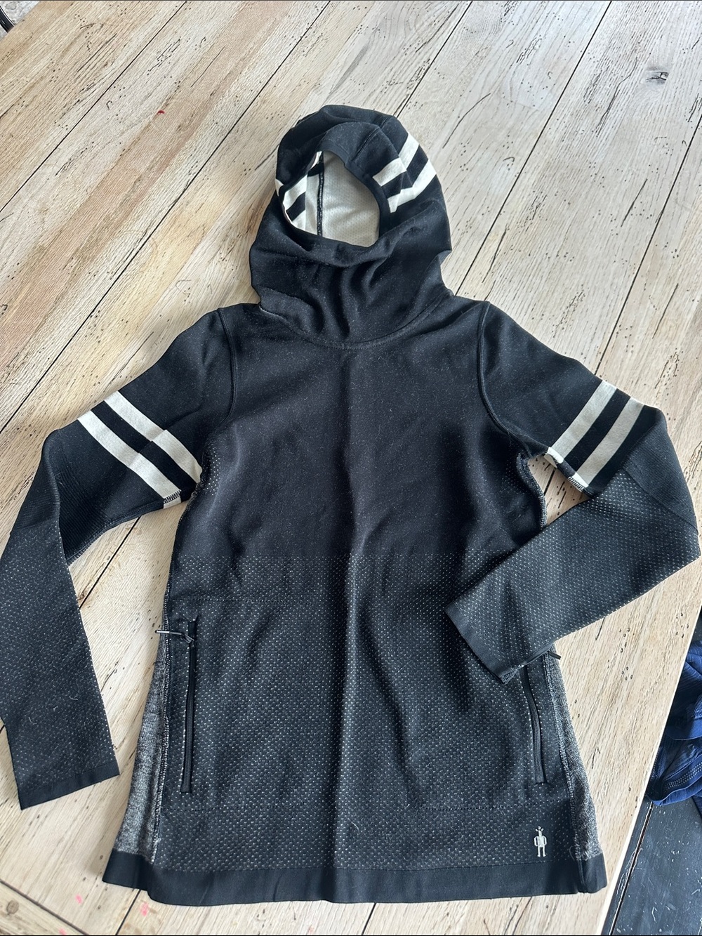 Smartwool Black Hooded Pullover with White Stripe Accents